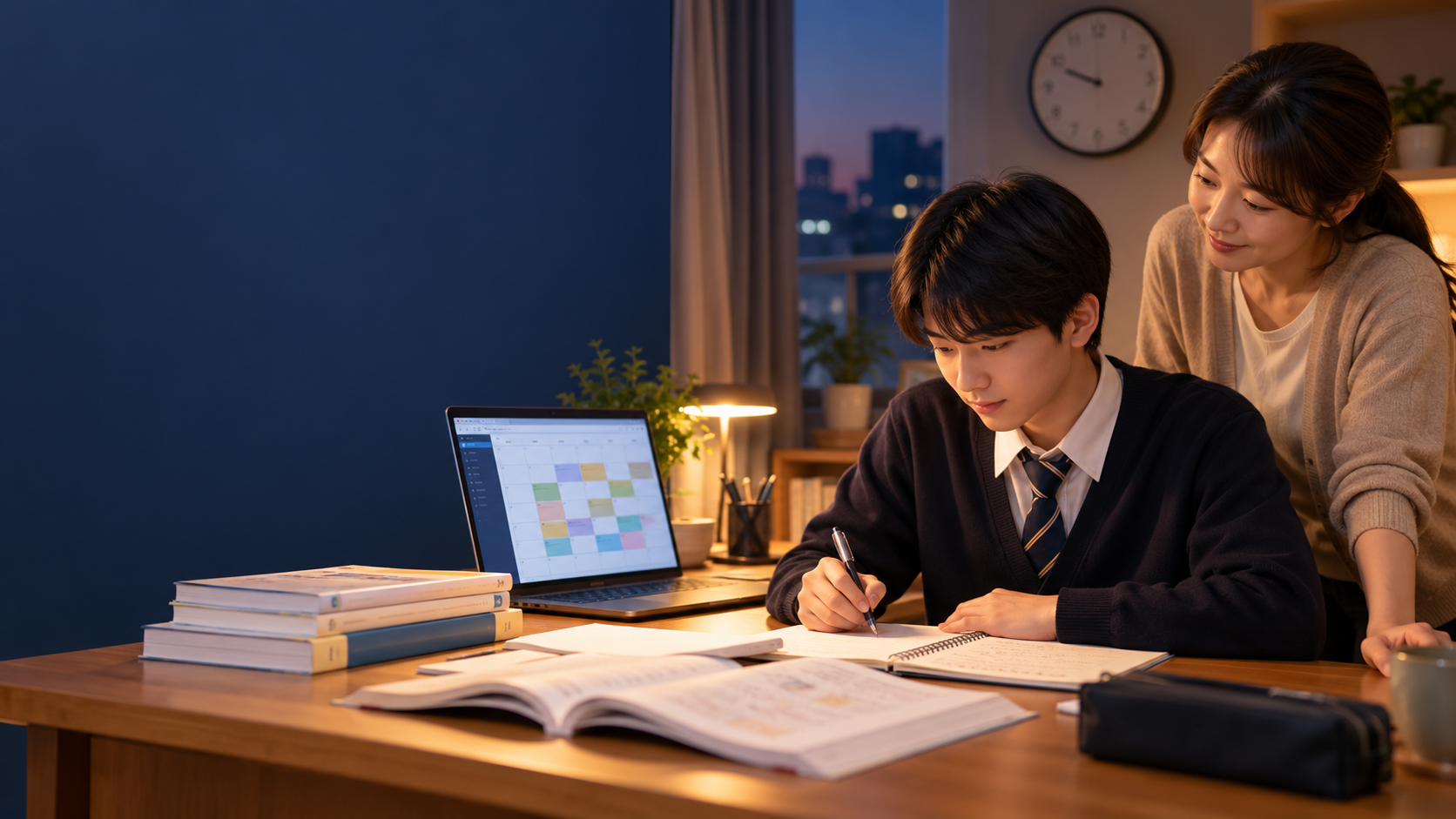 高校生と保護者がオンライン学習計画を確認するイメージ